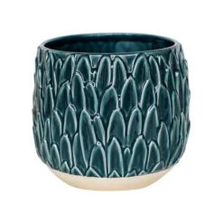 Arles Leaf Embossed Teal Planter H24Cm W28Cm