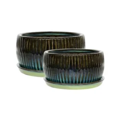 Emerald Round Reactive Glaze Bonsai Planter Set Of 2