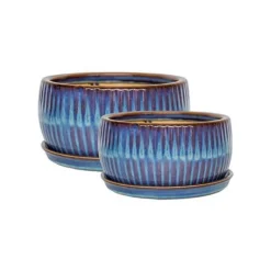 Sapphire Round Reactive Glaze Bonsai Planter Set Of 2